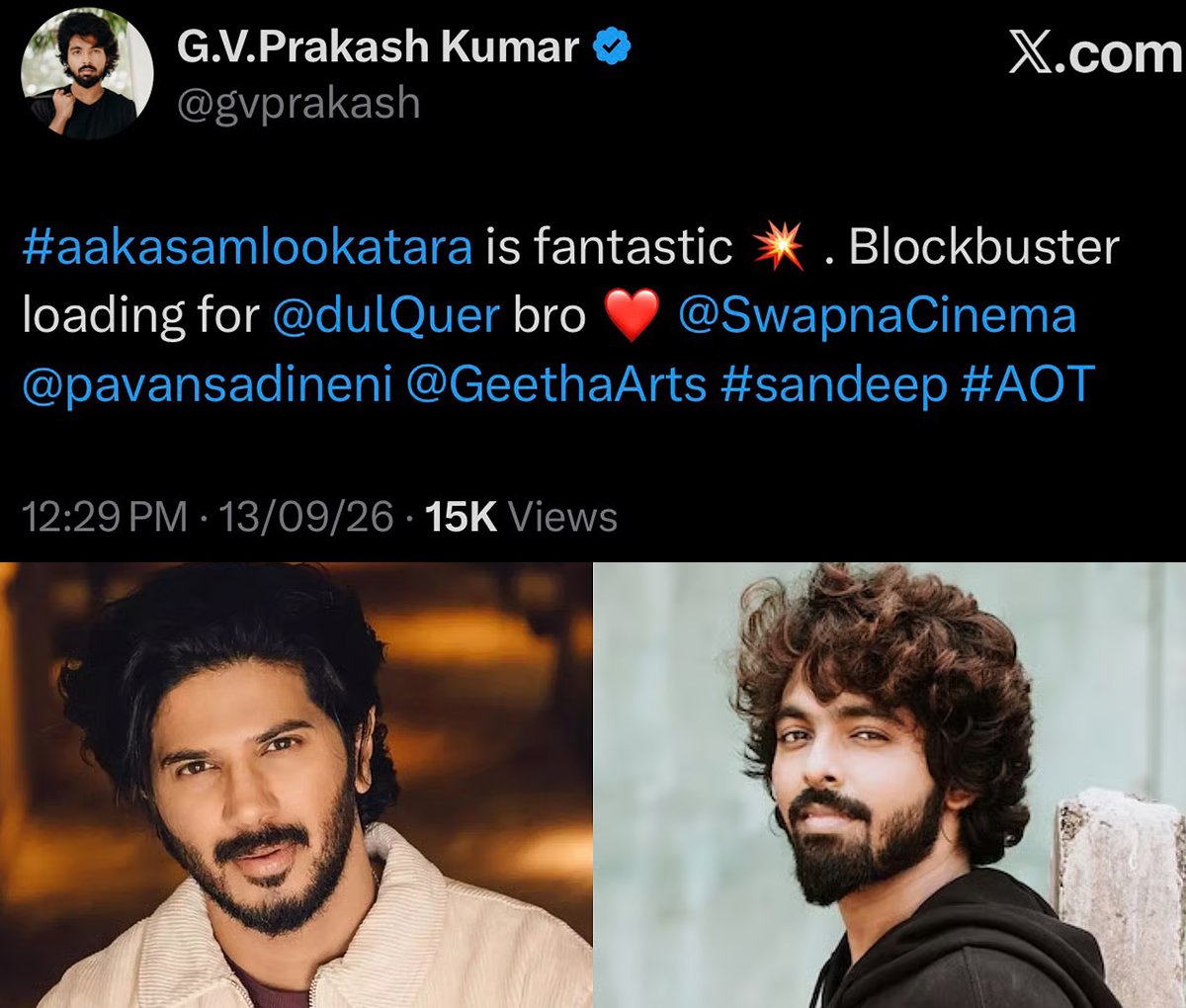 GV Prakash Kumar Praises Dulquer Salmaan’s Aakasamlo Oka Tara: “The Film Has Come Out Great”